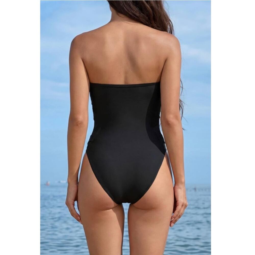 Holipick Women Black Mesh One Piece Swimsuit Strapless Cutout L NWT - Picture 3 of 9